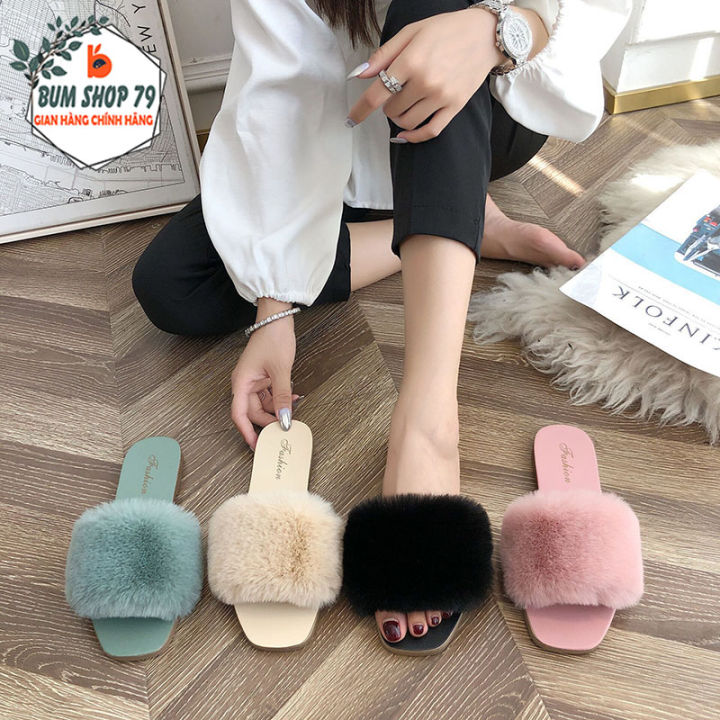 Dép Lông Đi Trong Nhà Cao Cấp Đế Mềm Cao 1.5cm Quai Ngang Phủ Lông Dày Siêu Xinh