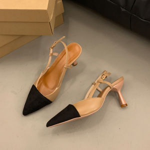 [Free Shipping] Niche womens closed-toe sandals 2025 summer new style pointed toe soft leather one-strap color-blocked stiletto low-cut high heels