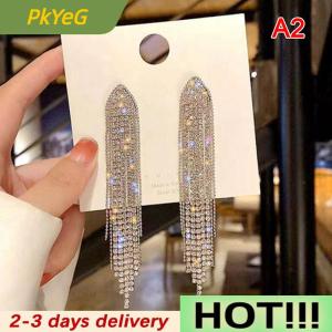 PkYeG Long Tassel Full Rhinestone Drop Earrings For Women Ovsize Crystal Dangle Earrings Fashion Jewelry Accessories
