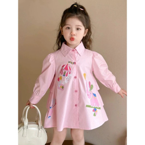ชุดเดรส คอปกเชิ้ต ทรงหลวม สกรีนลายการ์ตูน น่ารักสุดๆ กระดุมหน้ายาวเต็มตัว ใส่ง่าย ผ้าใส่สบาย