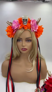 Colorful Skull With Flower Skeleton Hands Adjustable Halloween Headbands For Women Men Kids Costume Party Decoration