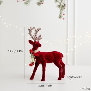 FANME Shiny Antlers Christmas Elk Figurine Flocking Texture Exquisite Glitter Bowknot Deer Holiday Tabletop Decoration Scarlet Shade Xmas Reindeer Statue Home Decorators