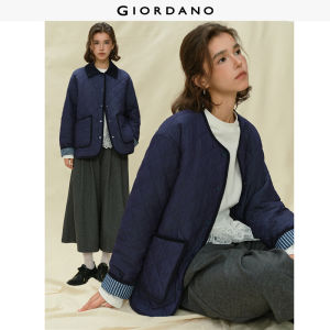 Giordano Women Detachable Corduroy Collar Plaid Cotton Blend Jacket Free Shipping 18375616