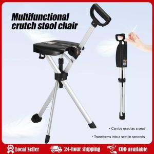 2-in-1 Folding Walking Stick with Seat Safety Tri-Foot Stool Cane 100KG Bearing Weight for Elderly Daily Use Portable Walking Stick Cane with Seat Foldable Chair Hiking Stick for Camping Hiking Lightweight Aluminum Easy Carry