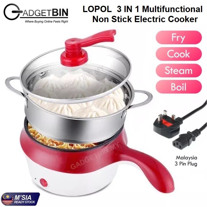 Gadgetbin Lopol 3in1 Multifunctional Multi Cooker Msia 3 Pin Plug Electric Cooker with Steam Rack and Glass Lid Electric Non Stick Ceramic Marble Frying Pan Rice Multi Mini Rice Cooker Double Layer