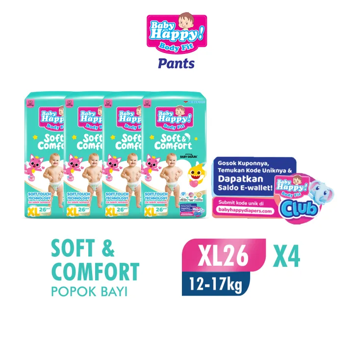 Baby Happy Pants Popok Celana Soft & Comfort XL26 x4 (12-17kg) isi ...