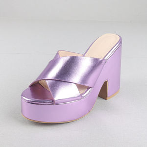 37Waterproof Platform Slippers Ultra High Heel Cal Outdoor Womens Sandals Cross Band Thick Heel Summer Purple Velvet