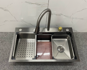 Chậu rửa bát 1 hố mạ tĩnh điện titan nano bồn rửa chén bát có vòi rút thác nước hiển thị nhiệt độ đa năng 5 phím