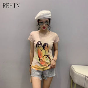 REHIN Womens top new summer fashion unique print short-sleeved T-shirt round-neck S-3XL slim fit blouse