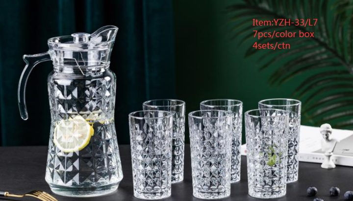 Fridge Water Jug Pitcher Glass Tumbler 6pcs Drinking Glass and 1pc Pitcher