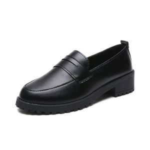 Free Shipping WomenS Spring Collection: Korean-Style Chunky-Heeled Casual Shoes Preppy Style Small Leather Shoes Round Toe Slip-On Design Trendy