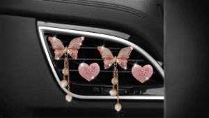 Pink Heart & Butterfly Air Vent Clips 4 Pcs Bling Heart & Butterfly Air Fresheners Vents Clips Diamond Car Interior Decor Bling Cute Pink Car Accessories Decoration for Women + Heart Mask Hook