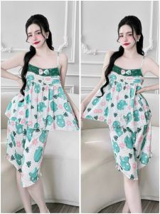 Đồ Ngủ Nữ HEUN YOUNG Đồ Bộ Lửng 2 Dây Lụa Latin In Họa Tiết Siêu Xinh Freesize <65kg OD12