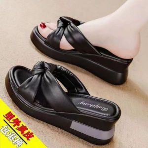 [Free Shipping] Summer Fashionable Womens Outdoor Slippers 2026 New Genuine Leather Bowknot Wedge High-Heel Ladies Fashion Sandals