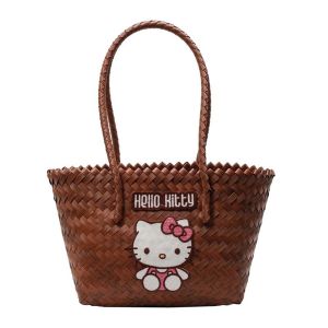BINOCUL Đầy màu sắc Túi đeo vai mèo KT Dung tích lớn Nhẹ Giỏ đan bằng dây leo hoạt hình Bãi biển In họa tiết báo Túi xách thêu hình mèo Phụ nữ