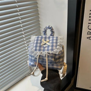 YAFEN 1Pcs Large Capacity Bow Shoulder Bag Multi Functional Korean Style Lace Plaid Backpack Travel Canvas Backpack Book Bag