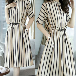 Beautiful striped dress 2024 Korean version lace up waist cinching loose skirt summer mid length plus size womens clothing