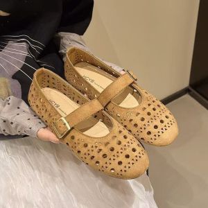 1.1inch Korean Mary Janes Doll Shoes Flat Sandals for Women Hollow Out Solid Round Toe Comfortable One Strap Doll Shoes