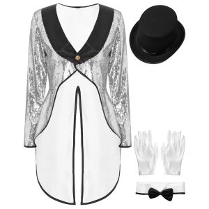 Women Halloween Magician Cosplay Costume Circus Ringmaster Showman Performance Outfit Sequin Tailcoat with Hat Bow Collar Gloves2026