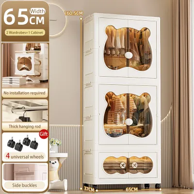 65/75cm Wardrobe Storage Double Open Doors Multipurpose Folding Stackable Storage Cabinet Almari Pakaian For Kid 折叠衣柜