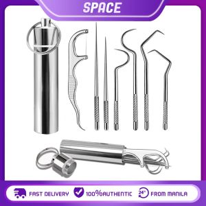 7Pcs Stainless Steel Toothpick Set Portable Metal Oral Cleaning Tooth Tool Kit Reusable Toothpicks Pocket Set with Holder Dispenser Tooth Stains Remover for Outdoor Picnic Camping Traveling