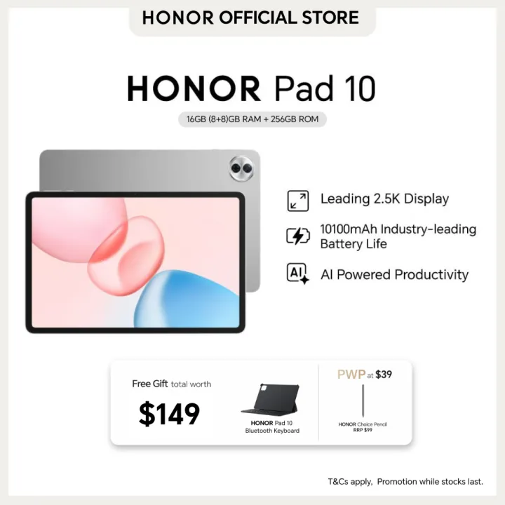 Honor Pad 10 Tablette, 8Go 256Go, 10100mAh, 12.1 Pouces 120Hz 2,5K Écran LCD TFT, Snapdragon 7
