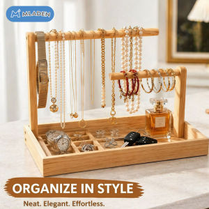 MLADEN Solid Wood Jewelry Organizer Stand Double Layer Necklace Bracelet Display Rack Anti Tangle Desk