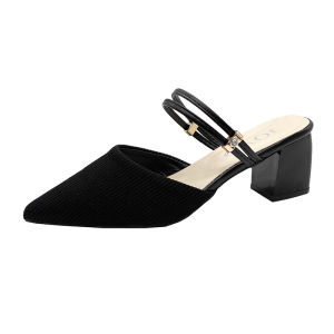 [Free Shipping] Pointed Toe Closed-Toe Mid-Heel Chunky Heel Mules Womens Summer New Breathable Fabric Outdoor High Heels