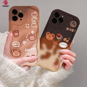 (Lokal Ready) PENGER Casing hp iPhone 11 12 14 13 12 Pro Max XR 7Plus iPhone 15 Pro Max X XS Max 6s 7 8 6 Plus SE 2020  3D Wavy Curved Edge Gradient Coffee Beruang Kecil Case
