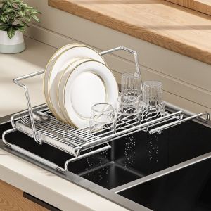 YTRYTWE Adjustable Telescopic Dish Rack Space Saving Stainless Steel Sink Drain Basket Durable Non-Slip Utensil Drainer for Kitchen
