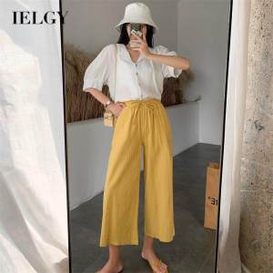 IELGY wide-leg pants summer cotton and linen breathable loose large size casual fashion nine-point pants for women