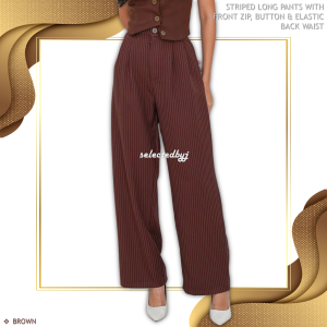 Celana Panjang Wanita Motif Stripe Kancing Depan Pinggang Karet Belt Loop Formal Kasual