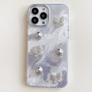 【New】Electroplated Silver Metal Frame 3D Butterfly Pattern IMD Phone Case  with Bracelet For iPhone 11 12 13 14 15 16 Series