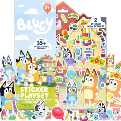 Horizon Group USA Bluey Sticker Playset 2 Sticker Play Scenes 35+ Reusable Puffy Bluey Repositionable Stickers for Kids Perfect for Travel Screen-Free Fun