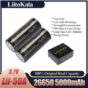 LiitoKala Lii-50A 26650 5000Mah Lithium Battery 3.7V 5000mAh 26650 Rechargeable Battery 26650-50A Suitable for Flashlight