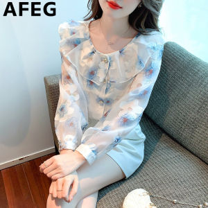 AFEG new Korean style round neck fashion loose all-match printed Chiffon puff sleeve blouse for women