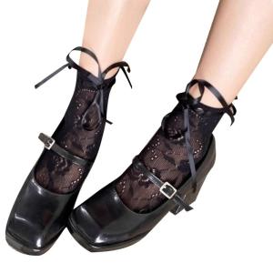 Japanese Style Sweet Hollow-Out Floral Lace Short Crew Socks Student Girls Cute Lace Up Bowknot Ankle Socks for Womens