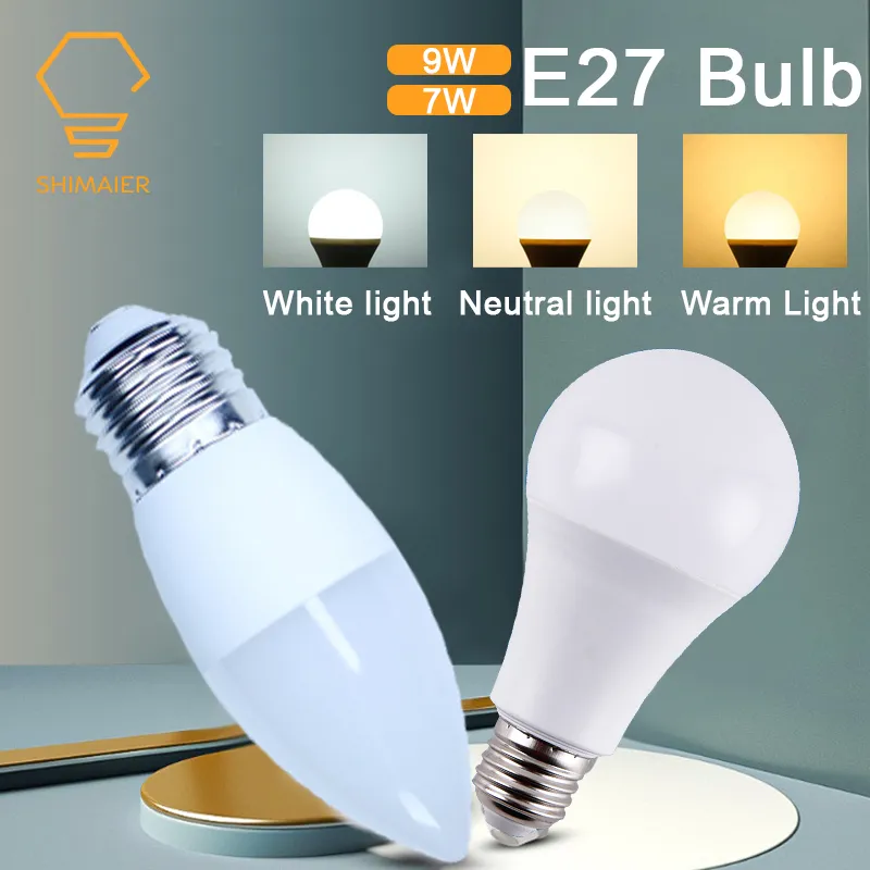 LED E27 Bulb Plastic 9W 7W Pointed Round Head Energy Saving Light