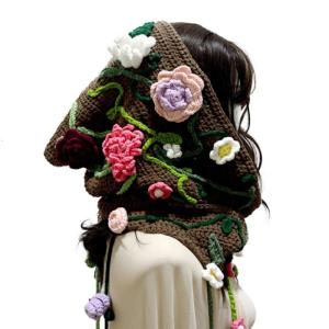 Ladies Forest Style Flower Blossomed Hooded Hat Large Brimmed Warm Headgear Knitted Hat Handmade Crochet Capelet