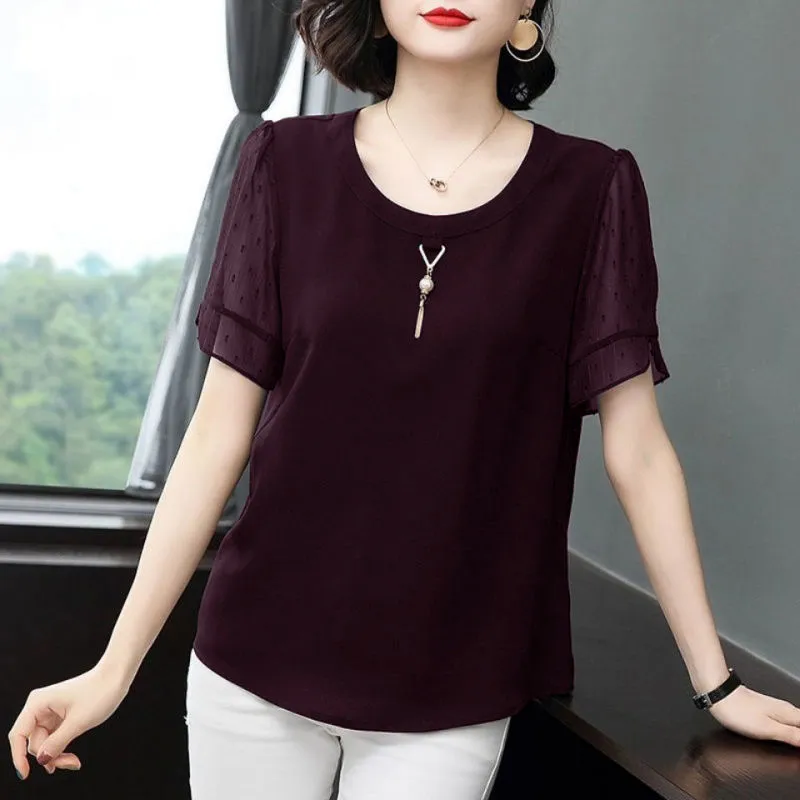 Blouse Summer New Women's Chiffon Shirt Short Sleeve Solid Color Top  Oversized Loose Fashion Korean Style Casual Simple Top Ladies