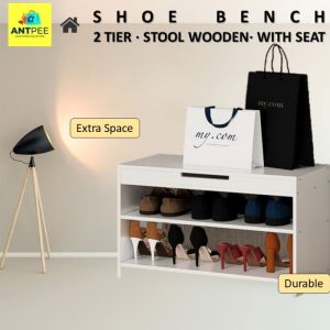 ANTPEE 2 Tier 2 Layer with Top Storage Shoe Bench Shoe Changing Stool Wooden Footstool Rak Kasut 3060