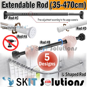 【SKIT SG】Extendable Curtain Rod Pole Laundry Shower NO DRILL HOLE Practical Stainless Steel Round Head Telescopic Multifunctional Tension Rod for Window Curtain  Balcony Kitchen Living Bedroom Adjustable L Shaped Curved Bathroom Shower Curtain Rod