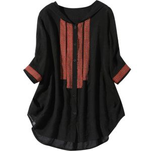 HerStore Plus Summer Womens Ethnic Style Embroidered Hooded Top Short Sleeve V Neck Shirt