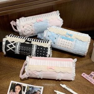 EGRT Large Capacity Lace Pencil Case Printed Bow Makeup Bag Trendy Simple Pen Organizer School Office Supplies