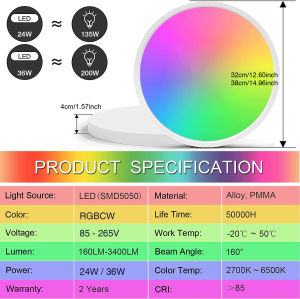 Tuya Đèn Trần LED Thông Minh WiFi Đèn Trần Có Thể Điều Chỉnh Độ Sáng Màu Trắng Ấm RGB Điều Khiển Bằng Giọng Nói Ứng Dụng Với Alexa/Google Cho Phòng Khách