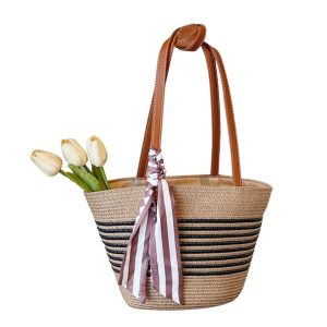 VOYUE ความจุขนาดใหญ่ กระเป๋าถือสานฟาง ดีไซน์ลายทาง ปิดด้วยซิป กระเป๋าถือฟางสไตล์เรโทร ย้อนยุค แบบโฮโบ กระเป๋าสะพายวินเทจ ฤดูร้อน