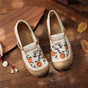 2025 Spring And Autumn Embroidered Shoes Flat Low-Heel Embroidered Shallow Single Shoes Artistic Ethnic Style WomenS Linen Shoes