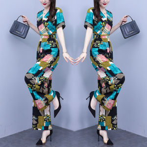 Impression Fashion Women Elegant Chiffon Printing V-neck Short Sleeve Tunic High Waist Slim Cutting Long Wide Leg Jumpsuit