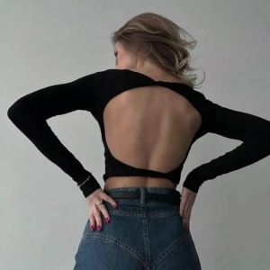 Womens classic and simple backless long sleeved slim fit crop top T-shirt cute fashionable wild womens street wear