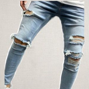 Celana Panjang Jeans Gaya Ripped Bahan Blue Denim